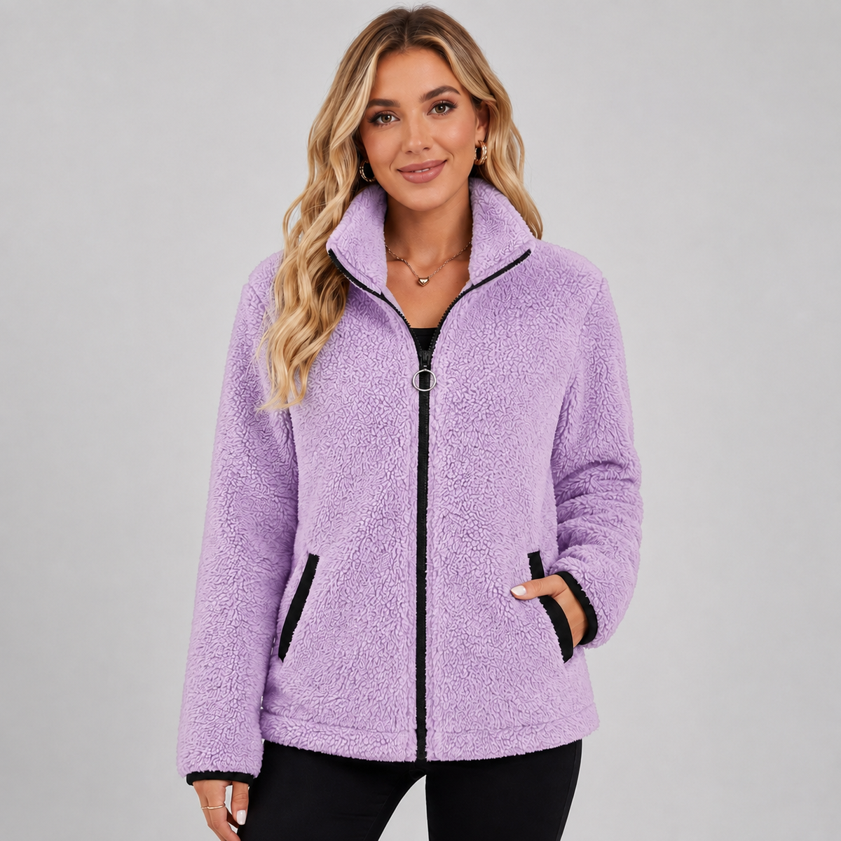 Clara - Veste femme courte et chaude à capuche zippée avec col montant