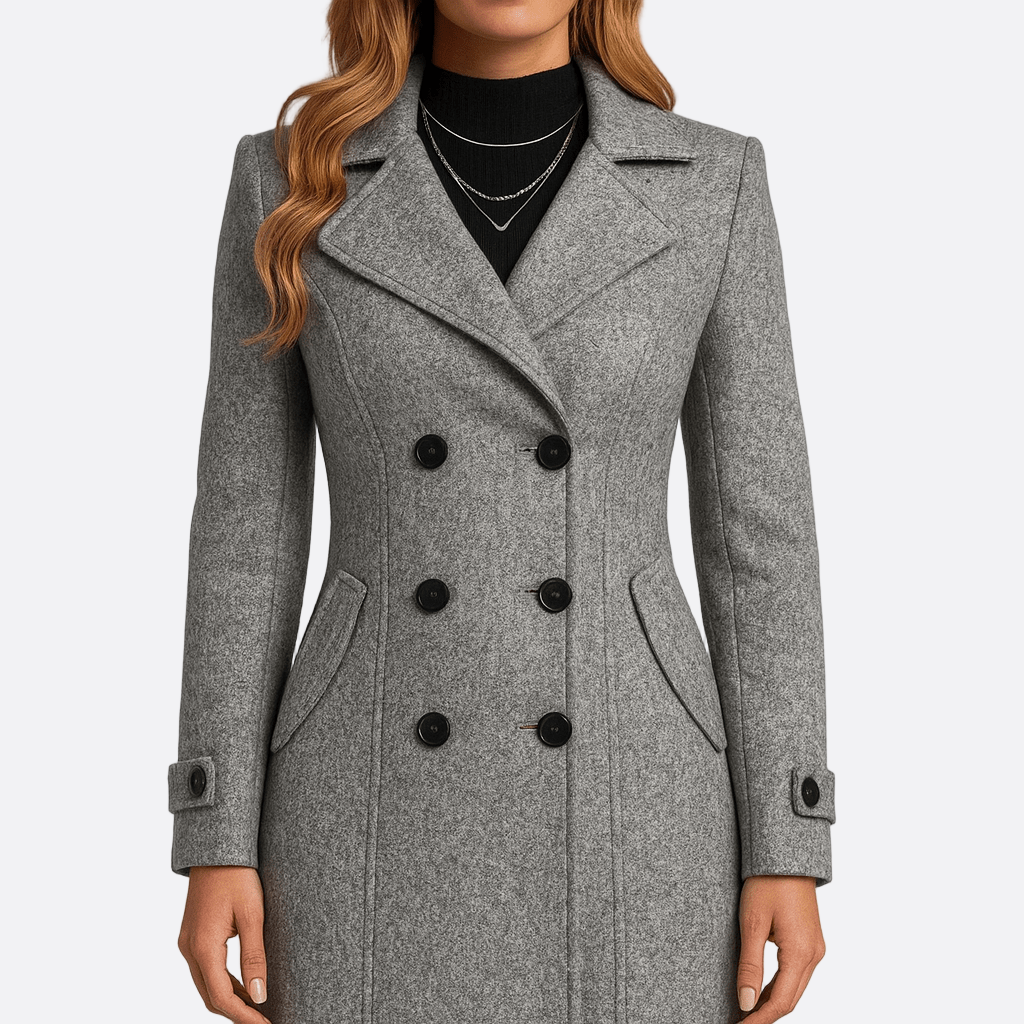 Elise - Manteau femme hiver long et chaud croisé cintré à chevrons