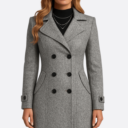 Elise - Manteau femme hiver long et chaud croisé cintré à chevrons