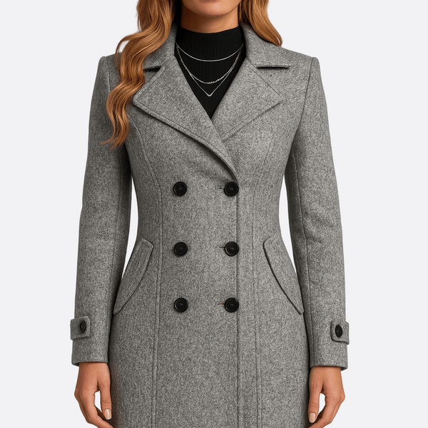 Elise - Manteau femme hiver long et chaud croisé cintré à chevrons