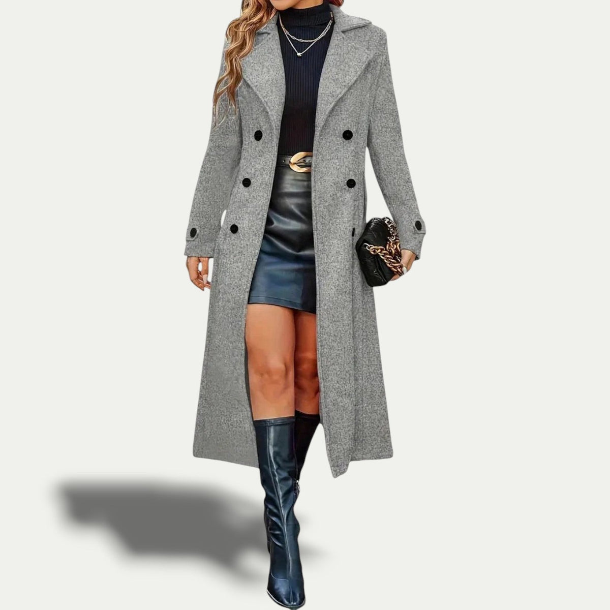 Elise - Manteau femme hiver long et chaud croisé cintré à chevrons