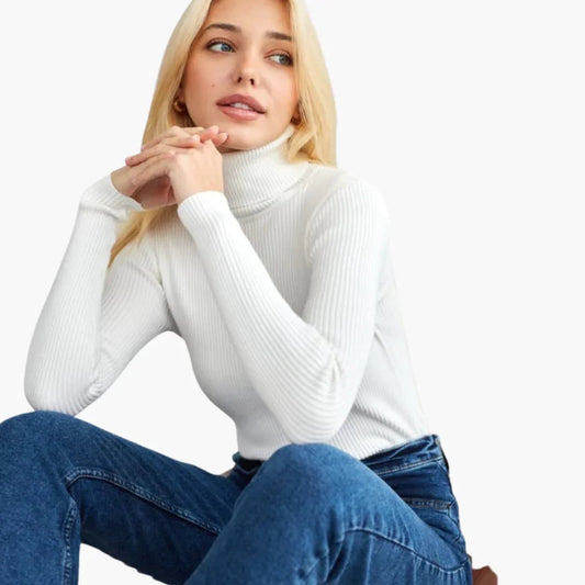 Elise - Pull femme col roulé côtelé ajusté et chaud en maille douce