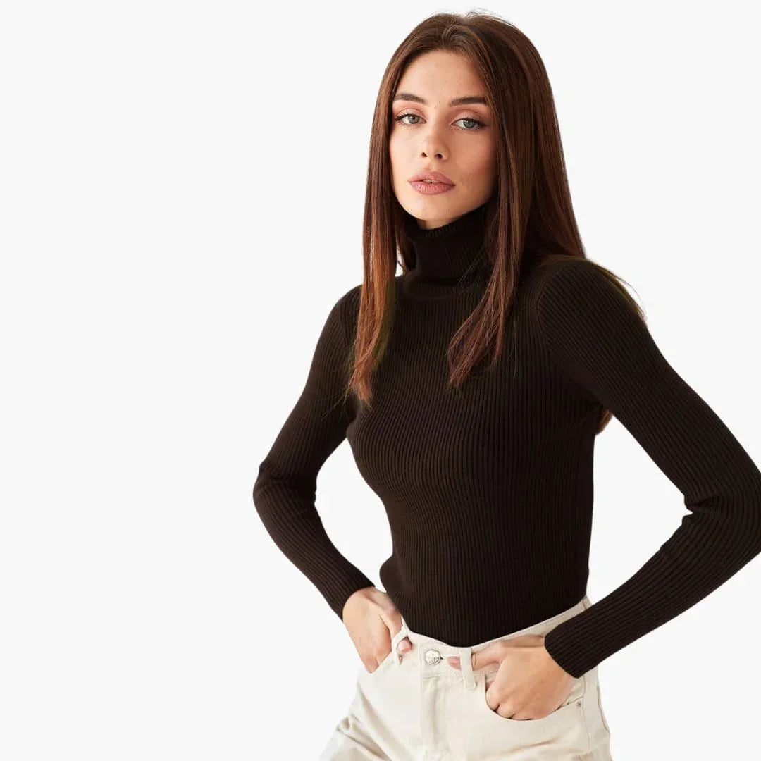Elise - Pull femme col roulé côtelé ajusté et chaud en maille douce