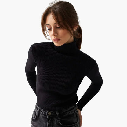 Elise - Pull femme col roulé côtelé ajusté et chaud en maille douce