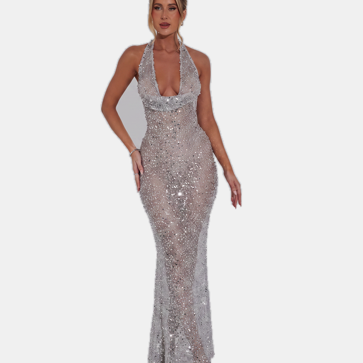 Elise - Robe longue femme à paillettes et col licou pour soirée et gala