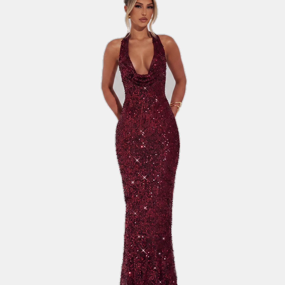 Elise - Robe longue femme à paillettes et col licou pour soirée et gala