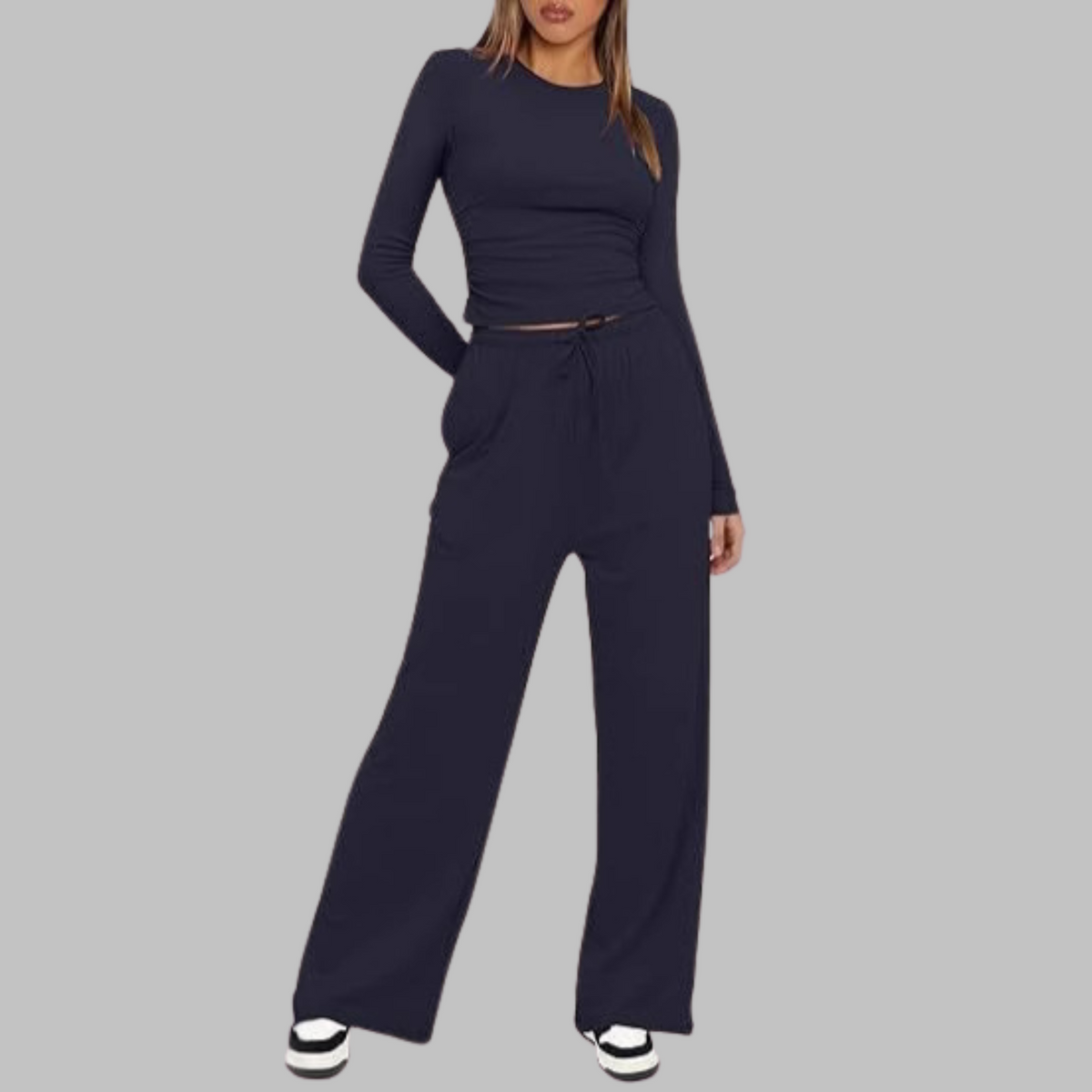 Emma - Ensemble loungewear femme large et confortable côtelé à manches longues