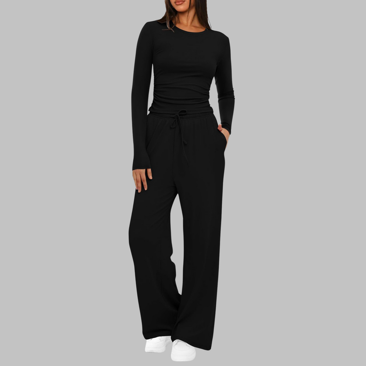 Emma - Ensemble loungewear femme large et confortable côtelé à manches longues