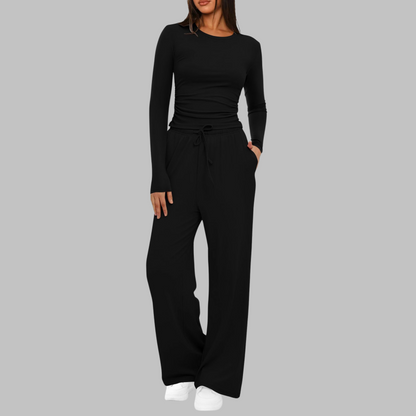 Emma - Ensemble loungewear femme large et confortable côtelé à manches longues