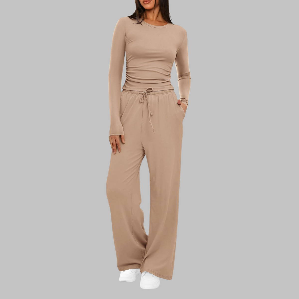 Emma - Ensemble loungewear femme large et confortable côtelé à manches longues