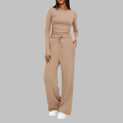 Emma - Ensemble loungewear femme large et confortable côtelé à manches longues