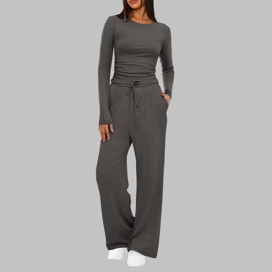 Emma - Ensemble loungewear femme large et confortable côtelé à manches longues