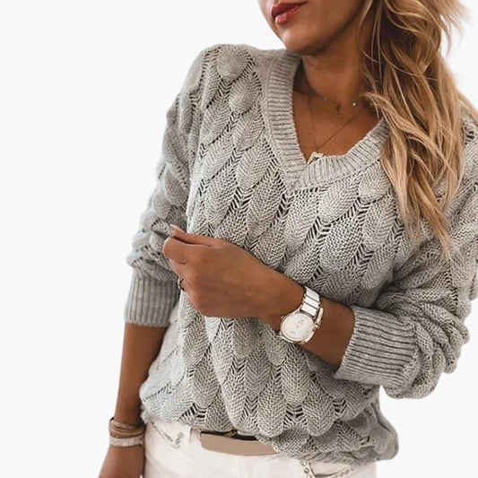 Emma - Pull femme col V en maille ajourée ample chic et tendance