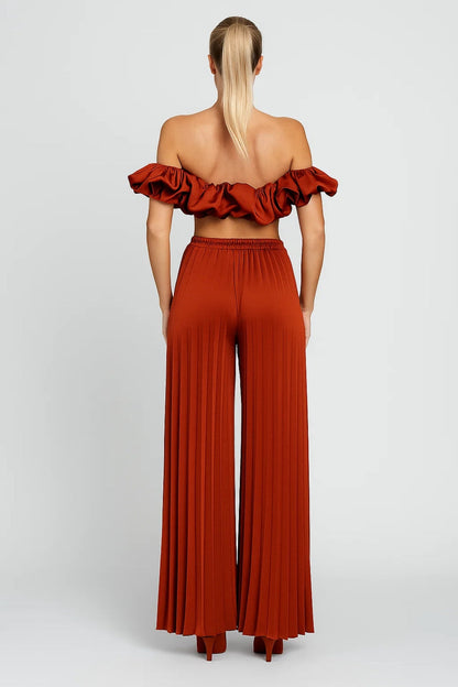 Ensemble Femme - Crop Top Épaules Dénudées et Pantalon Plissé | Chic