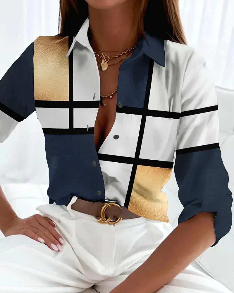 Inès - Blouse Femme Chic à Imprimé Géométrique pour l'Automne
