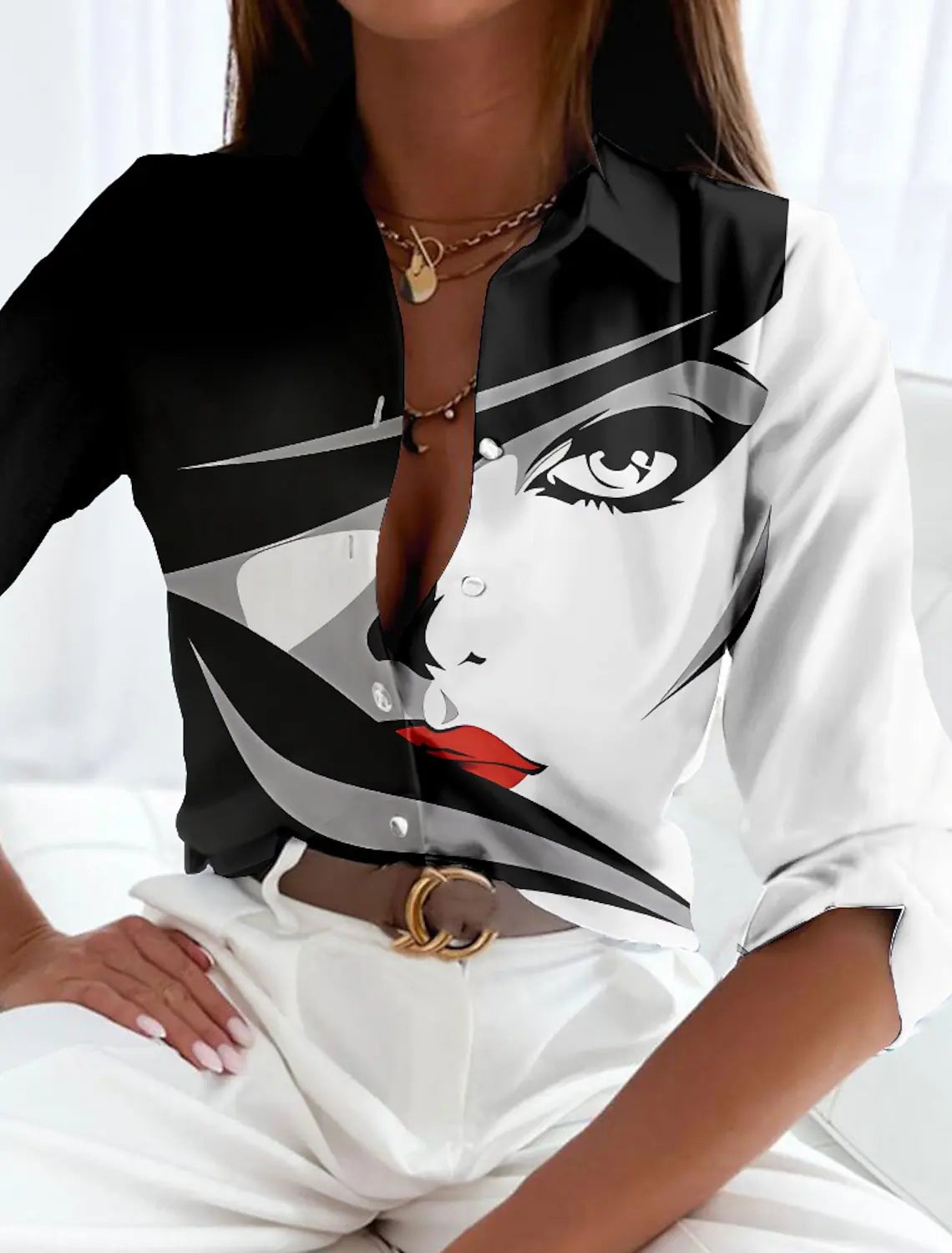 Inès - Blouse Femme Chic à Imprimé Géométrique pour l'Automne