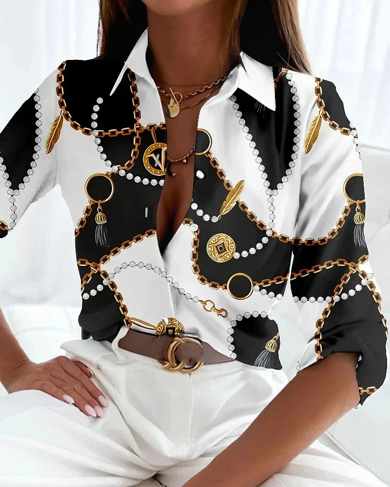 Inès - Blouse Femme Chic à Imprimé Géométrique pour l'Automne