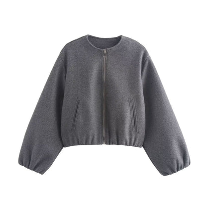 Inès - Bomber Femme d'Automne Cropped avec Fermeture Éclair et Col Rond