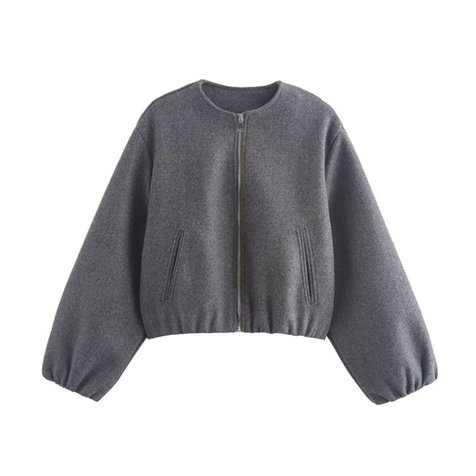 Inès - Bomber Femme d'Automne Cropped avec Fermeture Éclair et Col Rond
