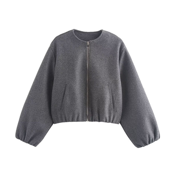 Inès - Bomber Femme d'Automne Cropped avec Fermeture Éclair et Col Rond
