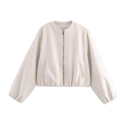 Inès - Bomber Femme d'Automne Cropped avec Fermeture Éclair et Col Rond