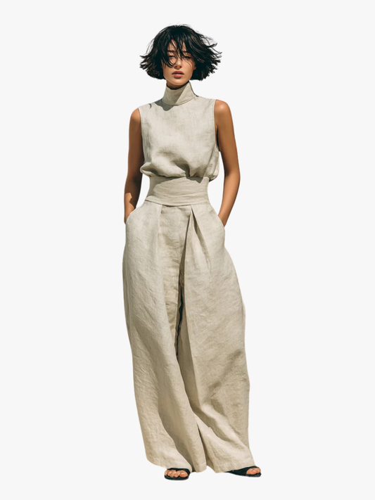 Inès - Ensemble en Lin Femme Élégant avec Top Col Roulé et Pantalon Palazzo Large