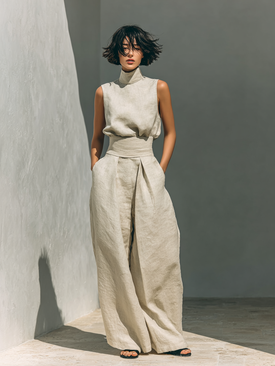 Inès - Ensemble en Lin Femme Élégant avec Top Col Roulé et Pantalon Palazzo Large