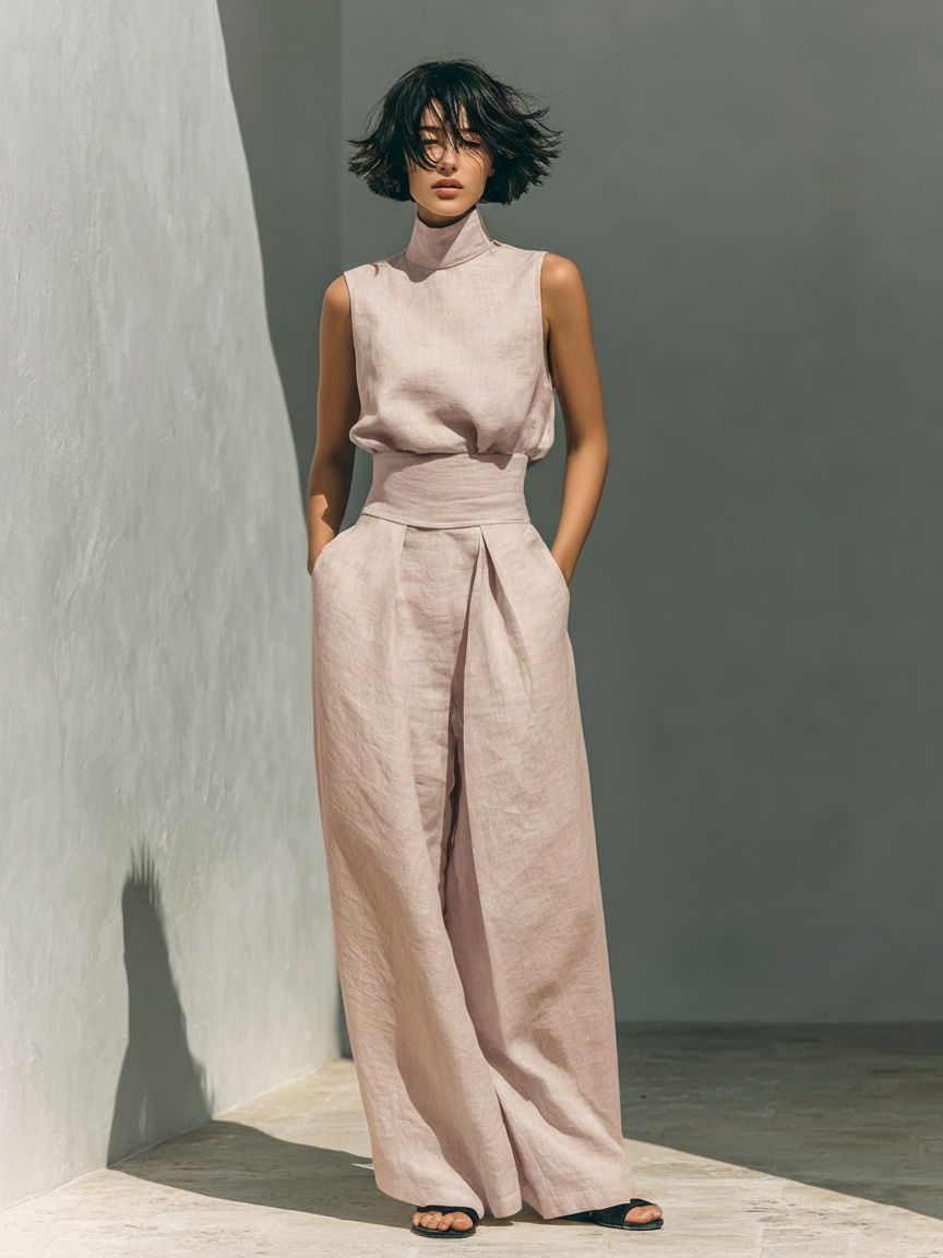 Inès - Ensemble en Lin Femme Élégant avec Top Col Roulé et Pantalon Palazzo Large