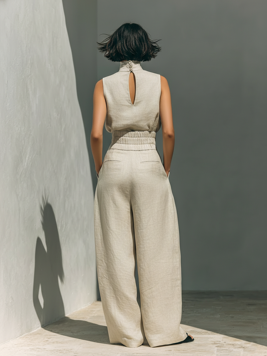 Inès - Ensemble en Lin Femme Élégant avec Top Col Roulé et Pantalon Palazzo Large