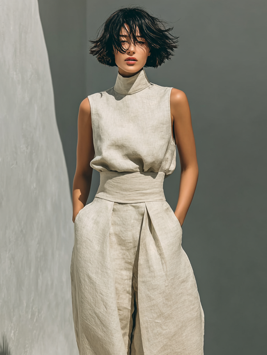 Inès - Ensemble en Lin Femme Élégant avec Top Col Roulé et Pantalon Palazzo Large