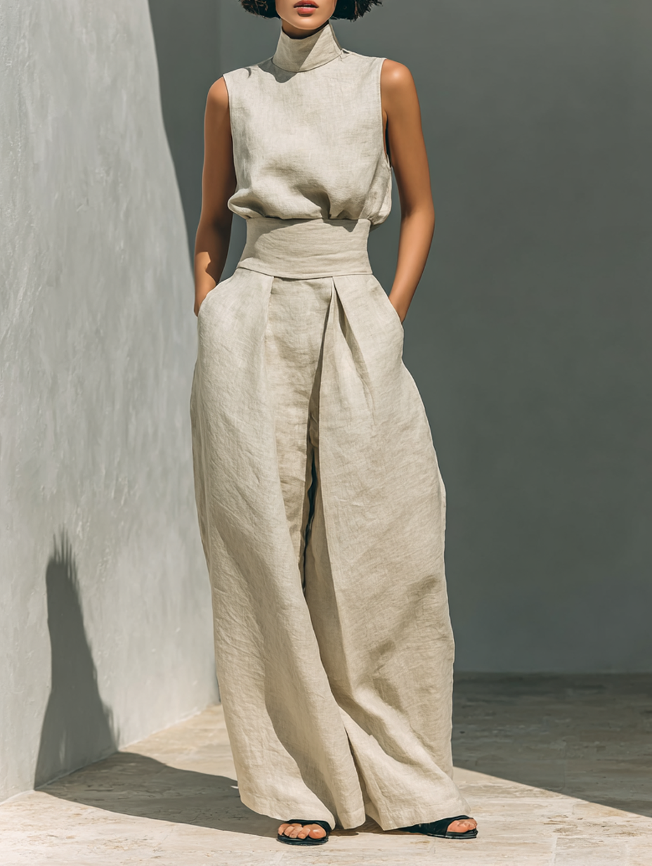 Inès - Ensemble en Lin Femme Élégant avec Top Col Roulé et Pantalon Palazzo Large