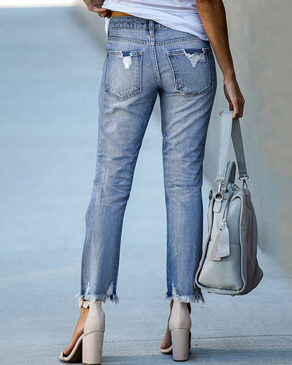 Inès - Jeans Femme Droit pour l'Automne avec Genoux Déchirés et Ourlet Brut