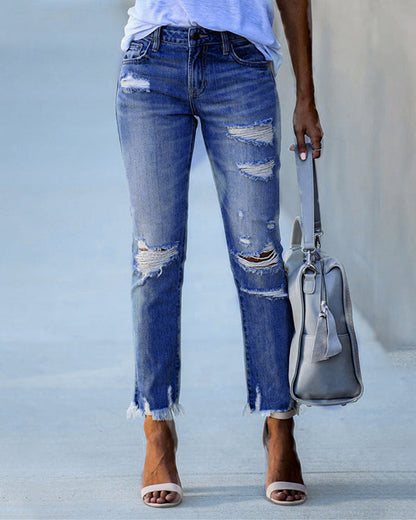 Inès - Jeans Femme Droit pour l'Automne avec Genoux Déchirés et Ourlet Brut