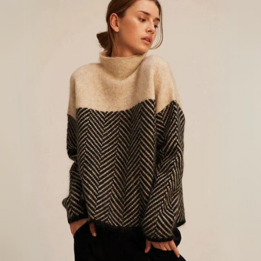 Inès - Pull Femme Col Roulé Oversize avec Motif Chevron en Maille