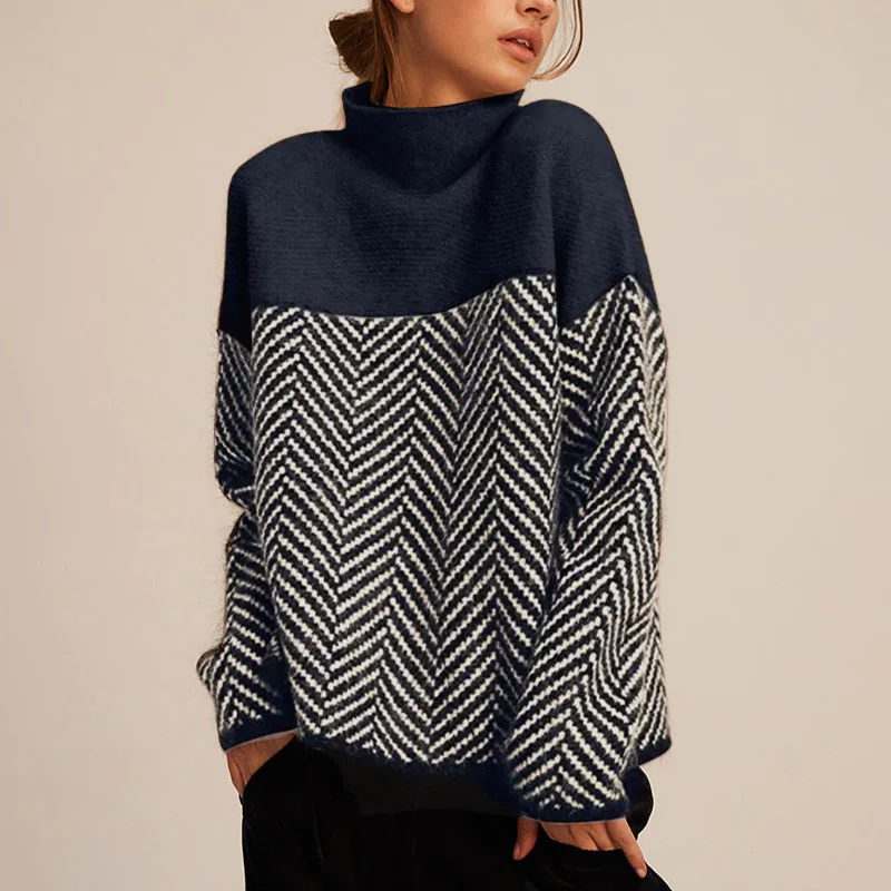 Inès - Pull Femme Col Roulé Oversize avec Motif Chevron en Maille
