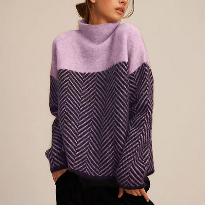 Inès - Pull Femme Col Roulé Oversize avec Motif Chevron en Maille