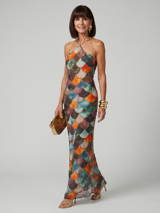 Inès - Robe Longue Femme Habillée avec Dos Nu et Détails Pailletés