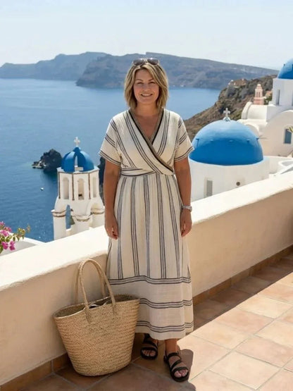 Inès - Robe Maxi en Lin Femme Bohème avec Col Cache-Cœur et Manches Courtes