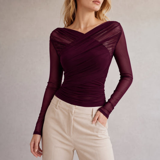 Inès - Top femme manches longues chic ajusté et drapé à col croisé
