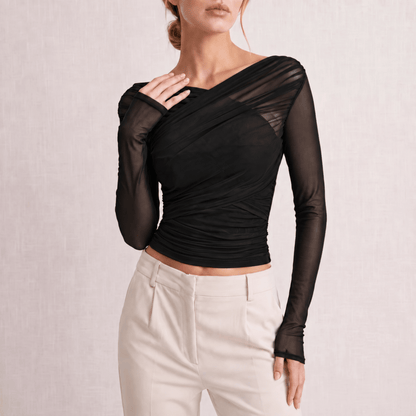Inès - Top femme manches longues chic ajusté et drapé à col croisé