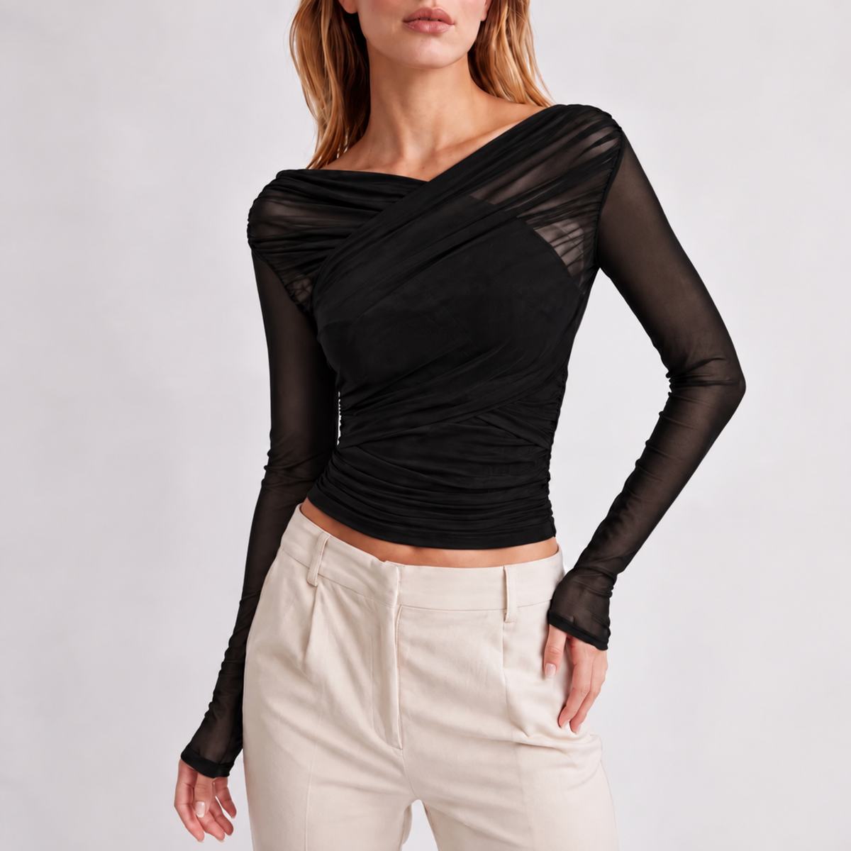 Inès - Top femme manches longues chic ajusté et drapé à col croisé