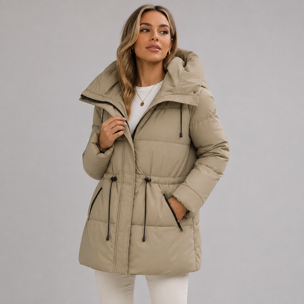 Ines - Doudoune femme longue et chaude à capuche avec ceinture à la taille