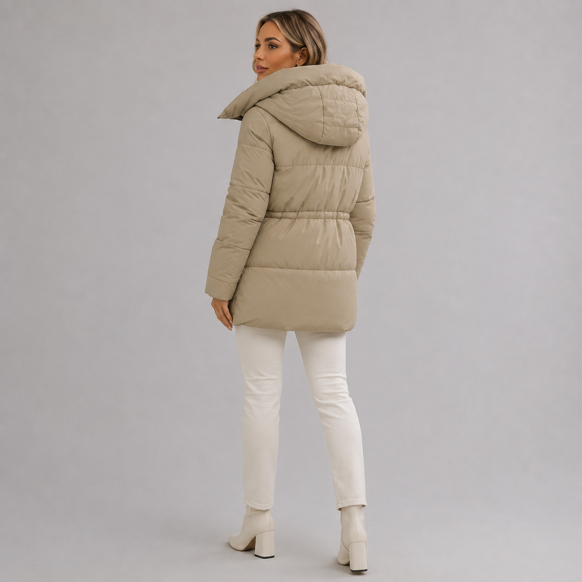 Ines - Doudoune femme longue et chaude à capuche avec ceinture à la taille