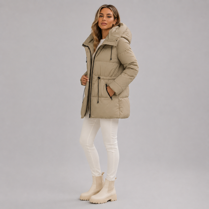 Ines - Doudoune femme longue et chaude à capuche avec ceinture à la taille