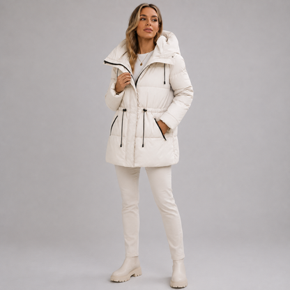 Ines - Doudoune femme longue et chaude à capuche avec ceinture à la taille