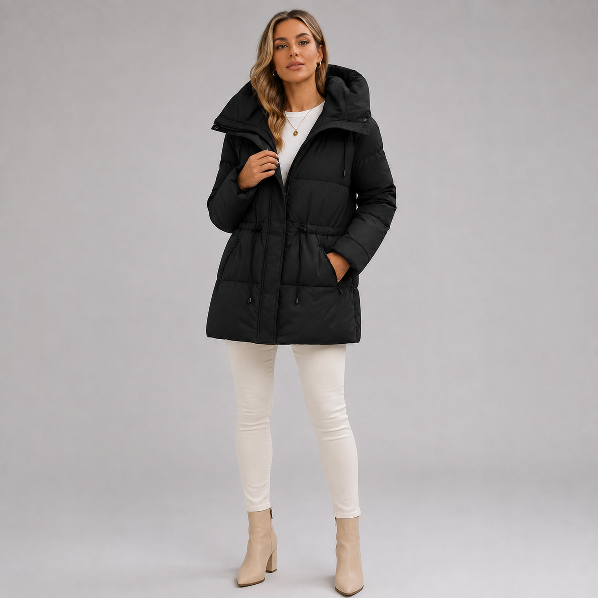 Ines - Doudoune femme longue et chaude à capuche avec ceinture à la taille
