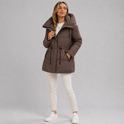 Ines - Doudoune femme longue et chaude à capuche avec ceinture à la taille