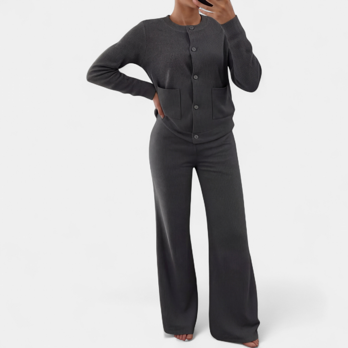 Ines - Ensemble maille femme chaud et fluide à manches longues et taille élastique