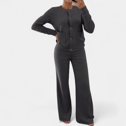 Ines - Ensemble maille femme chaud et fluide à manches longues et taille élastique