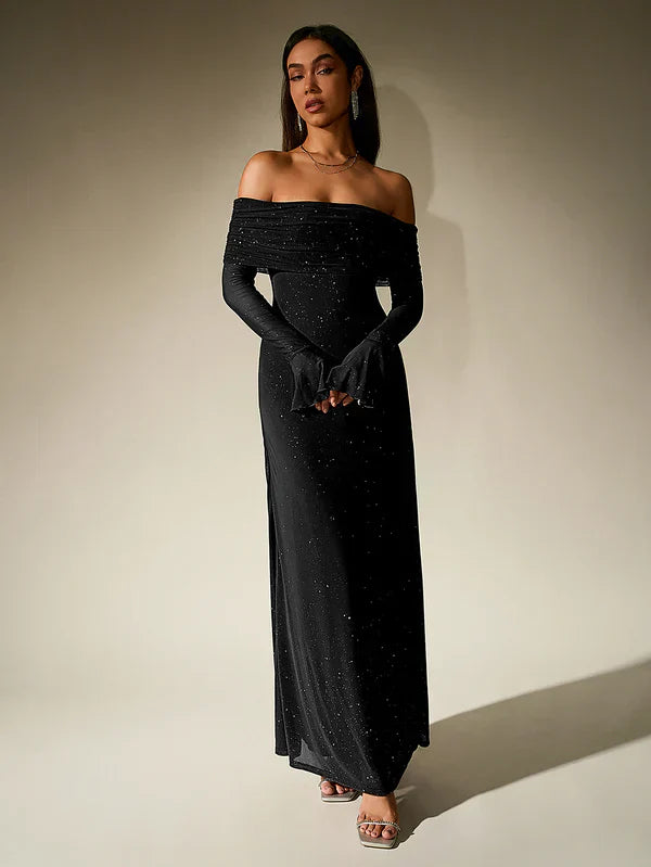 Ines - Robe de soirée femme longue à paillettes et épaules dénudées moulante